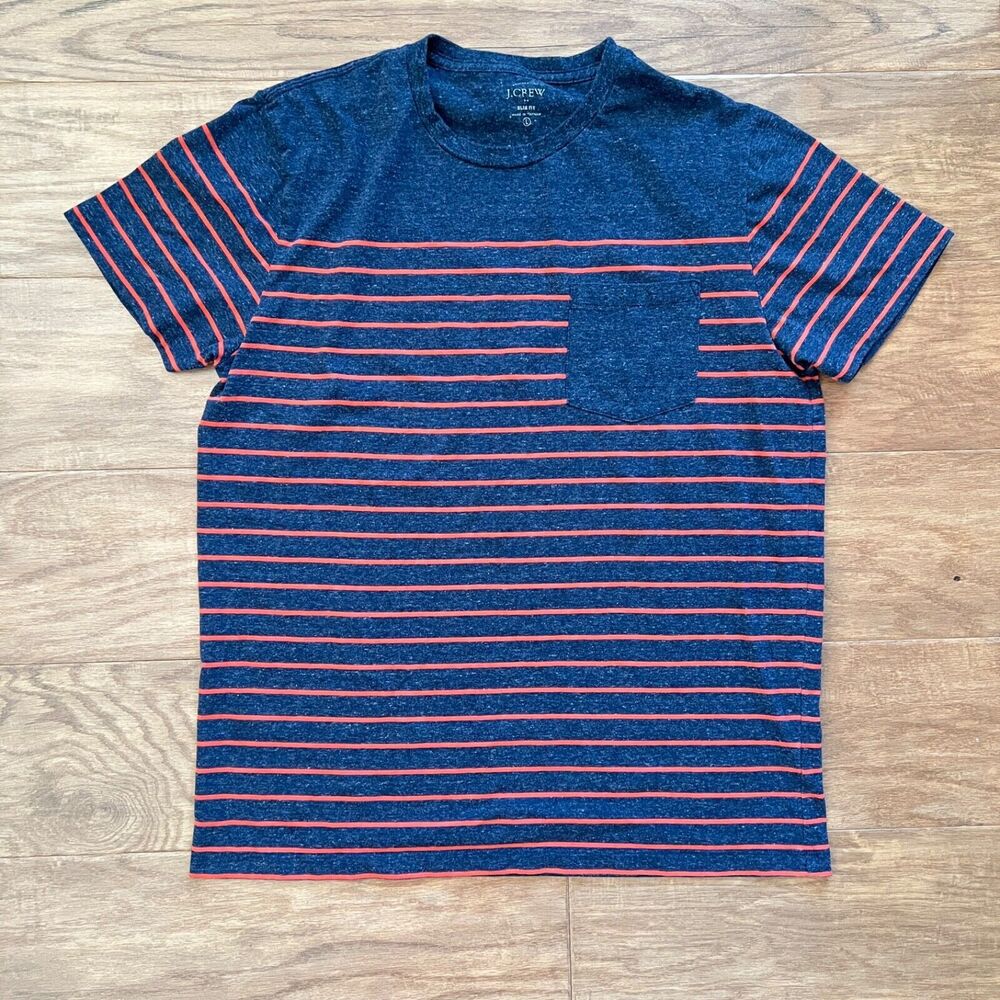 J.Crew Factory T-Shirt Men's Size L Navy/Orange Slim Fit Drop-Stripe Pocket Tee